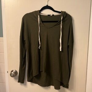 Olive green, light-weight hooded long sleeve shirt/hoodie.